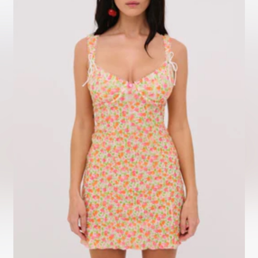 For Love and Lemons - Floral Mini Dress with Pink and Orange Accents